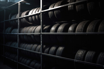 Obraz premium A selection of tires in different sizes and styles, suitable for a range of vehicles from sports cars to trucks, displayed in an auto store. AI Generative Generative AI