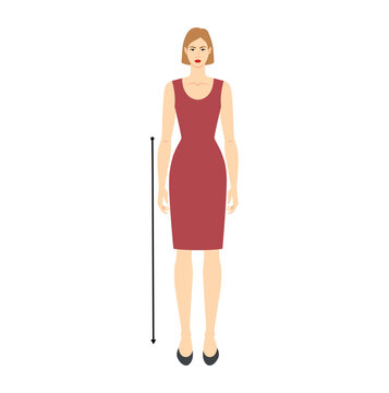 Women to do waist to floor measurement body with arrows fashion Illustration for size chart. Flat female character front 8 head size girl in burgundy dress. Human lady infographic Generative AI