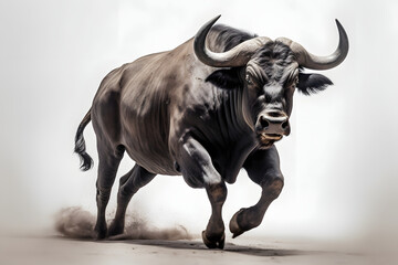 A bull with large horns standing on a white background, Generative Ai