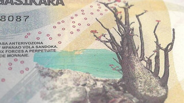 Madagascar Malagasy Ariary 200 Banknotes, Two Hundred Malagasy Ariary, Close-up and macro view of the Malagasy Ariary, Tracking and Dolly Shots 200 Malagasy Ariary banknote