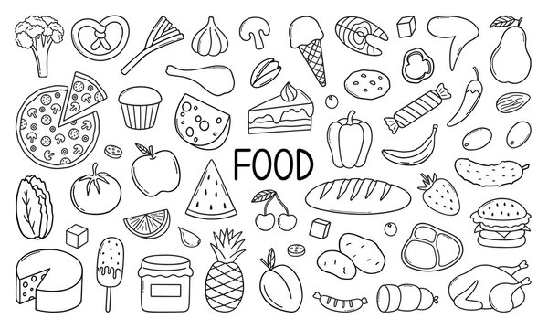 Food ingredient doodle set.  Fruits, vegetables, sweets, bakery, fast food in sketch style. Hand drawn vector illustration isolated on white background
