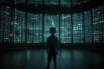 Fototapeta premium the man, investor is standing back, analyzes the securities market. Projector Screen Shows Graphs. AI generative