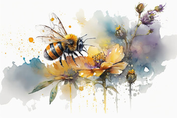 Generative AI. Watercolor illustration of beautiful bee on a summer flower.