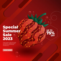 summer sale card design with strawberry fruit using paper cut style