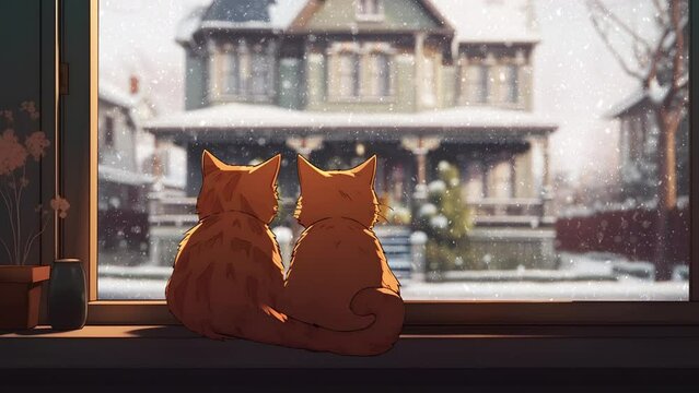 Two red-haired cartoon cats sit on a window and watch the snow fall. 4k Looped Wallpaper