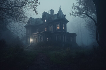 Old haunted abandoned mansion in creepy night forest with cold fog atmosphere, 3d rendering Generative AI