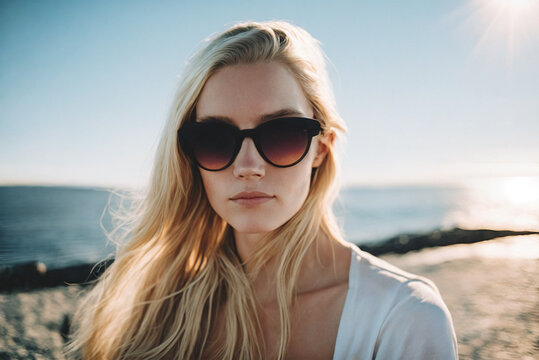 Beautiful girl with blond hair and sunglasses at beach generative AI