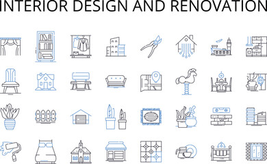Fototapeta na wymiar Interior design and renovation line icons collection. Home improvement, Decorating, Remodeling, Makeover, Refurbishment, Redesign, Revamp vector and linear illustration. Upgrade,Refresh,Overhaul