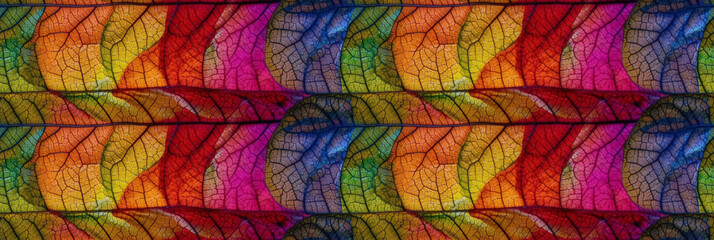 Macro texture of beautiful leaves in rainbow colors tones. AI generative illustration.