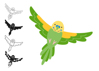 Parrot tropical cartoon set. Exotic bright budgerigar parrots flying drawing outline sign or engraved childish summer collection. Wildlife jungle Hawaiian cute wild bird, funny vivid Generative AI