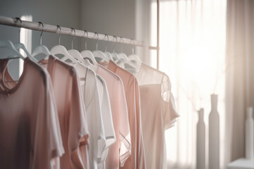 Pink clothes hanging on a rack, Generative AI