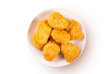 Top view of Fried chicken nuggets on white background.