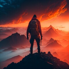 A man standing on top of a mountain with a backpack, Active life concept, generative AI