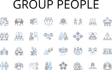 Group people line icons collection. Bunch crowd, Assembly congregation, Gathering party, Team squad, Pair couple, Duo some, Trio threesome vector and linear illustration. Quartet foursome,Mob throng