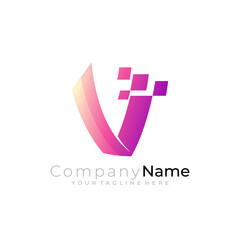 Letter V logo with pixel design technology, purple color, modern style