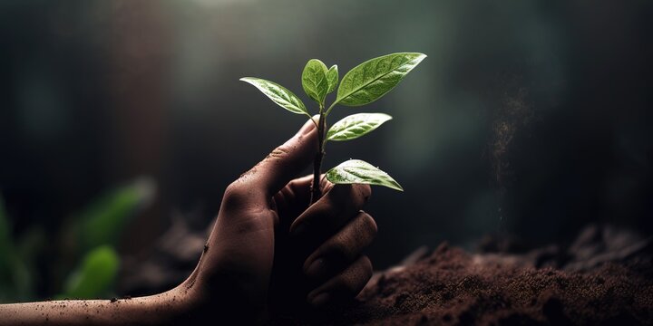 Close up shot to hand planting small tree on fertile soil. Environmental and ecological conservation concept. Generative AI
