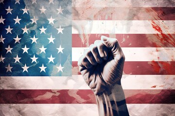 Fist rising up with flag of United States as background. 4 of July concept. Generative AI