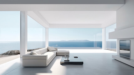 Fototapeta na wymiar Luxury modern living room in white, modern interior design with view on the ocean, ai generative