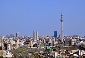 Tokyo Skytree, radio tower and Ogu Rolling Stock Center in Japan
