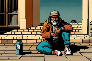 A homeless man was sitting by the side of the road waiting for some help from a good person. Comic style Generative AI