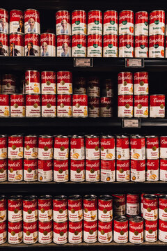 Campbell's soup cans lined up on shelves at Metropolitan Market in Seattle, WA