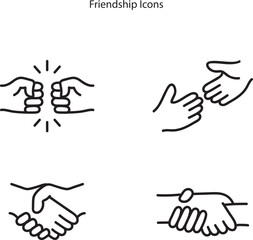 Obraz premium Love, friendship, care and charity concept editable stroke outline icons set with hands outline isolated on white background flat vector illustration.