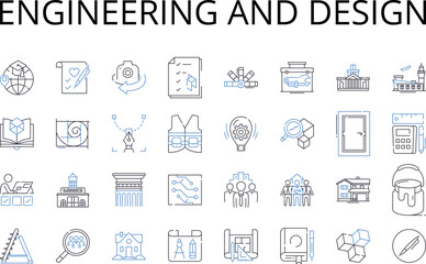 Engineering and design line icons collection. Articulate discourse, Bold imagination, Creative ingenuity, Dynamic innovation, Effective output, Fluent expression, Genuine craftsmanship vector and