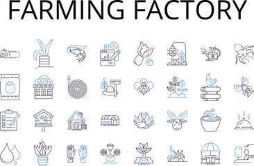 Farming factory line icons collection. Automobile plant, Meat factory, Fishery plant, Textile mill, Power station, Paper mill, Iron foundry vector and linear illustration. Brewery factory,Furniture