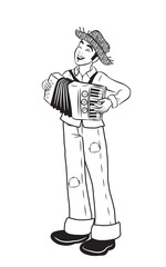 Accordion player playing at the Brazilian Festa Junina. Black and White. Vector illustration isolated on transparent background.