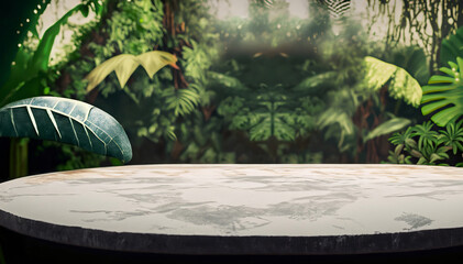 Obraz na płótnie Canvas Concrete table with jungle in the background, empty concrete table for product display, background for advertising, Generative AI