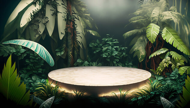 Wooden table with jungle in the background, Empty wooden table for product display, background of a table for advertising, Generative AI