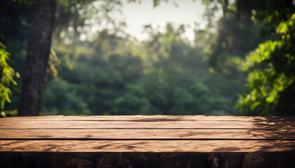 Fototapeta premium Wooden table with jungle in the background, Empty wooden table for product display, background of a table for advertising, Generative AI