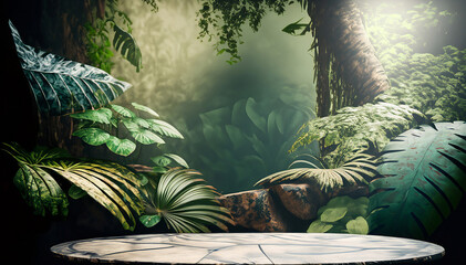 Wooden table with jungle in the background, Empty wooden table for product display, background of a table for advertising, Generative AI