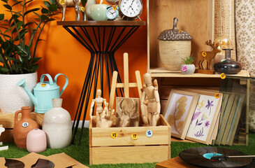 Many different stuff in room. Garage sale