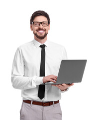 Fototapeta na wymiar Happy man with laptop on white background