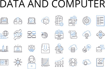 Data and computer line icons collection. Information technology, Electronic device, Web browsing, Digital media, High-speed internet, Cloud storage, Cyber security vector and linear illustration