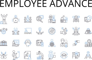 Employee advance line icons collection. Staff growth, Worker development, Personnel improvement, Team progress, Staff promotion, Employee training, Team advancement vector and linear illustration