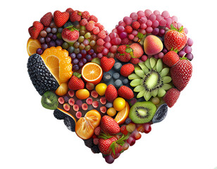 Various fruits arranged to form a heart or love logo with copy space isolated on clear background for object and retouch design. Generative AI