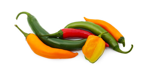 Different hot chili peppers isolated on white
