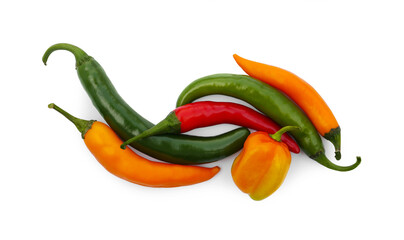 Different hot chili peppers isolated on white, top view