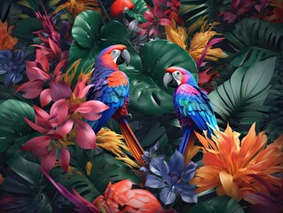 3D Digital Art of Colorful Tropical Forest with Multicolor Birds and Plants - AI Generated