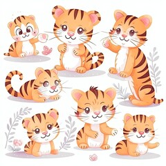 Obraz na płótnie Canvas Cute Little Tigers on White - AI Generated