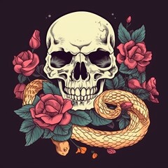 Hand Drawn Skull with Roses, Snake, and More - AI Generated