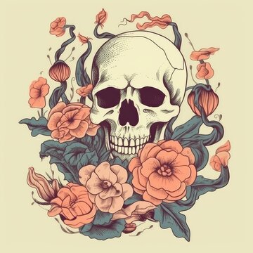 Hand Drawn Skull with Roses, Snake, and More - AI Generated