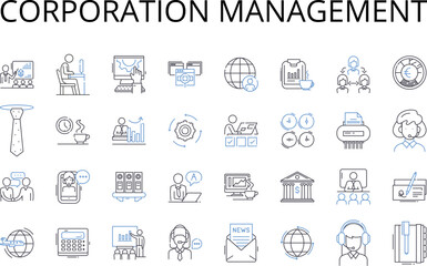 Corporation management line icons collection. Business leadership, Company control, Enterprise administration, Firm governance, Agency direction, Establishment supervision, Organization oversight