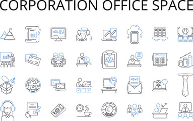 Corporation office space line icons collection. Business headquarters, Company workstations, Enterprise premises, Corporation property, Commercial establishment, Start-up premises, Firm workspaces