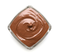 Bowl of delicious chocolate paste isolated on white, top view