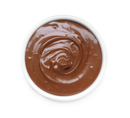 Bowl of delicious chocolate paste isolated on white, top view