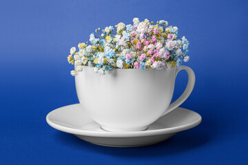 Beautiful gypsophila flowers in white cup on blue background