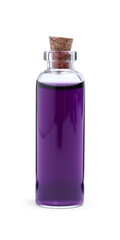Glass bottle of purple food coloring on white background